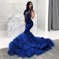 sexy long mermaid evening dress with beaded floral lace appliques tiered fish tail high neck royal blue prom dresses 2019