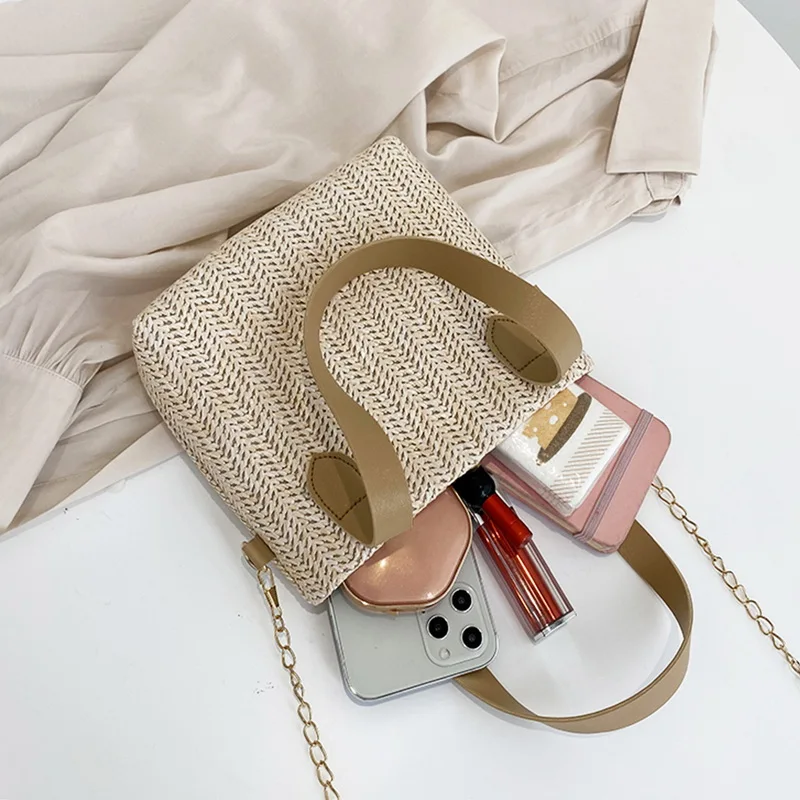 

2021 Summer Straw Bags Women Handmade Woven Bucket Totes Handbag Fashion Beach Bags Ladies Chians Shopping Crossbody Shopper Bag