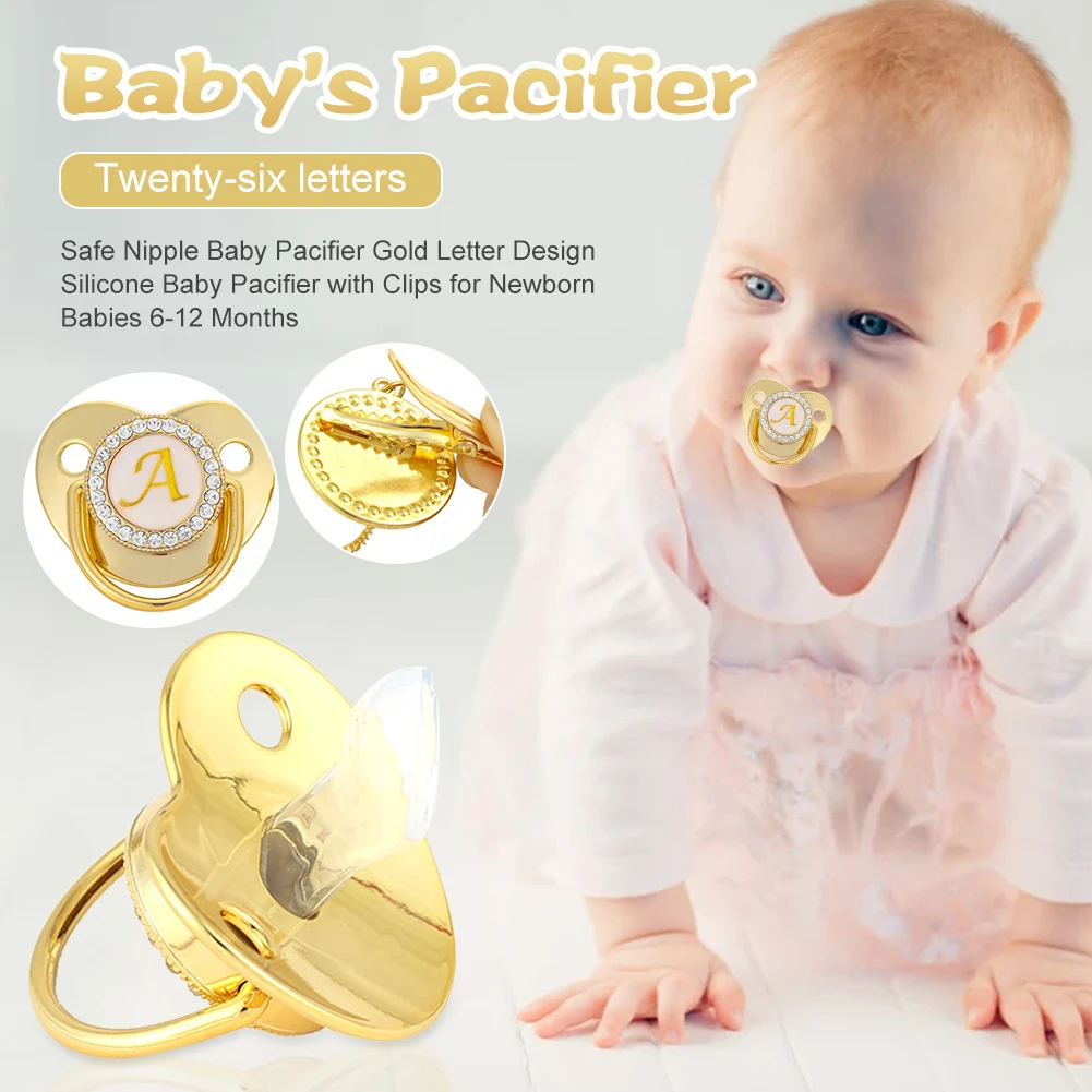 

6-12 Months Baby Pacifier silicone Safe Nipple Baby Pacifier Gold Letter Design Silicone Baby Pacifier with Clips for Newborn