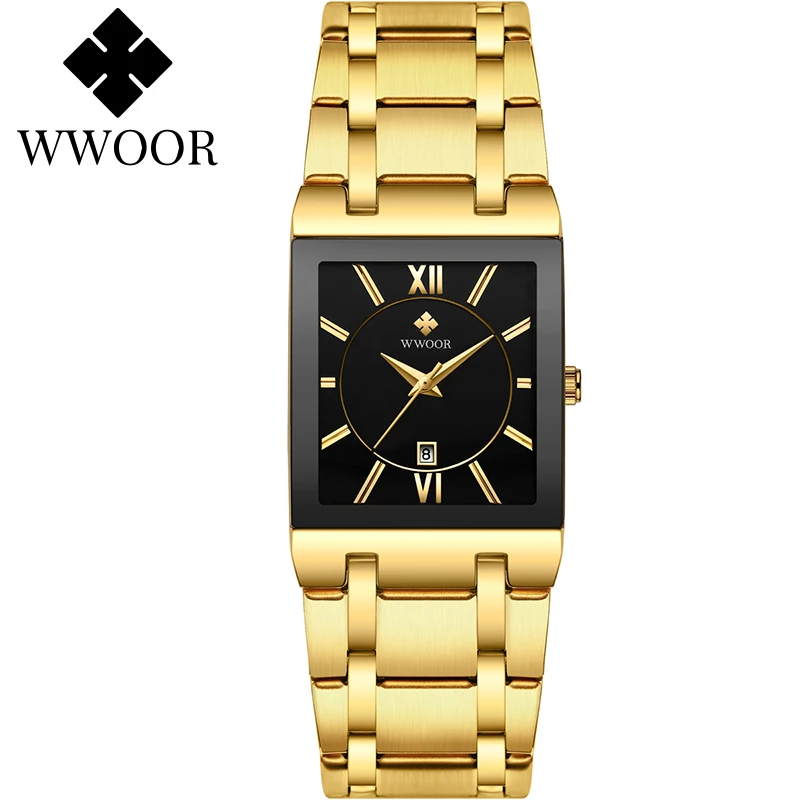 

Dropshipping WWOOR 8858 Men Watches Top Brand Luxury Gold Black Square Watch Men Quartz Waterproof Wrist Watch Relogio Masculino