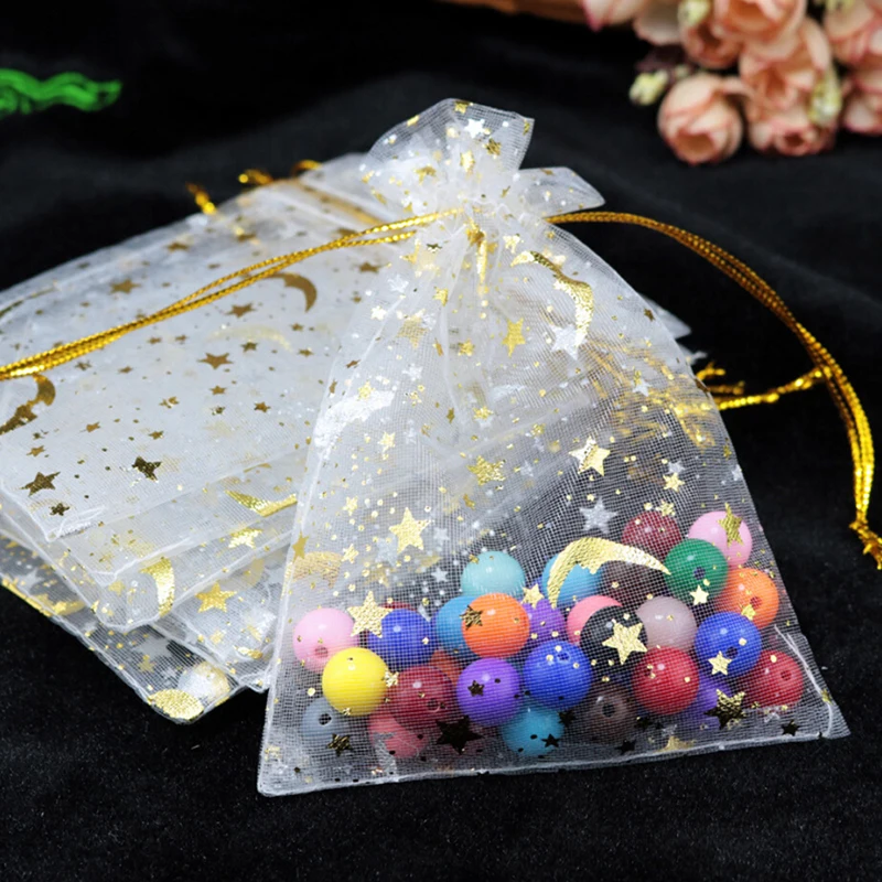 

100pcs Organza Moon Star Stretchable Bags Gift Packaging Drawstring Bags Jewelry Mesh Gift Pouches Container