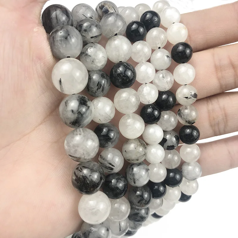 MKTREG черный рутиловый кварц бусы Кристалл Натуральный Камень круглые бусины 6/8/10/12 мм Ювелирные изделия из жемчуга браслет аксессуары рукоделие своими руками