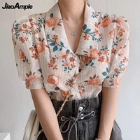 french vintage floral puff sleeve shirts women summer 2021 graceful single breasted print peter pan collar blouse lady sweet top