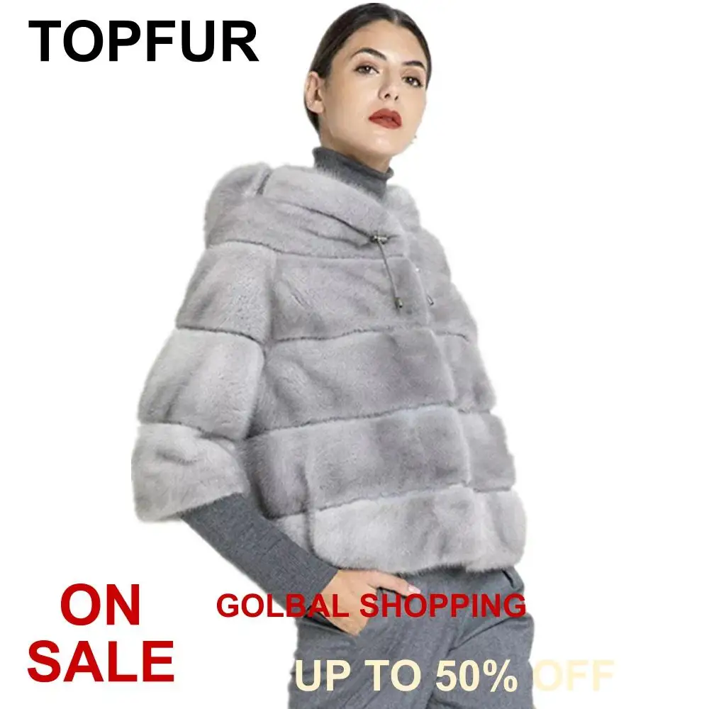 TOPFUR Imported Sapphire Blue Mink Fur Coat With Hood Light Grey Coat Winter Real Fur Coat Women Natural Mink Fur Jacket