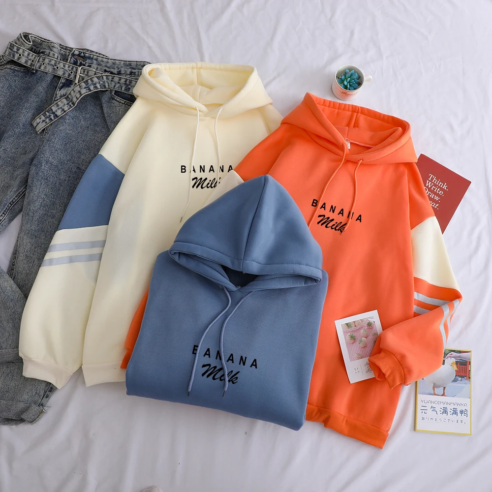 

Harajuku Pullover y2k Women's Fleece Casual Banana Milk Letter Printed Spell Color Splicing Loose Hoodies Female Sweatshirt Tops