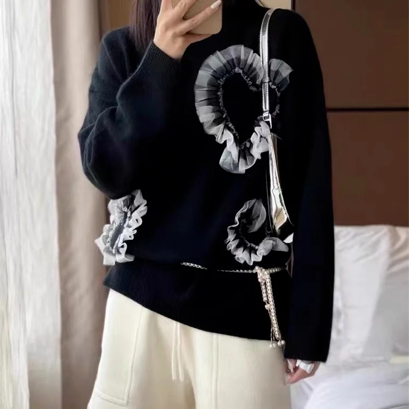 Nomikuma Pull Femme корейский сетчатый лоскутный вязаный свитер с оборками Love Heart
