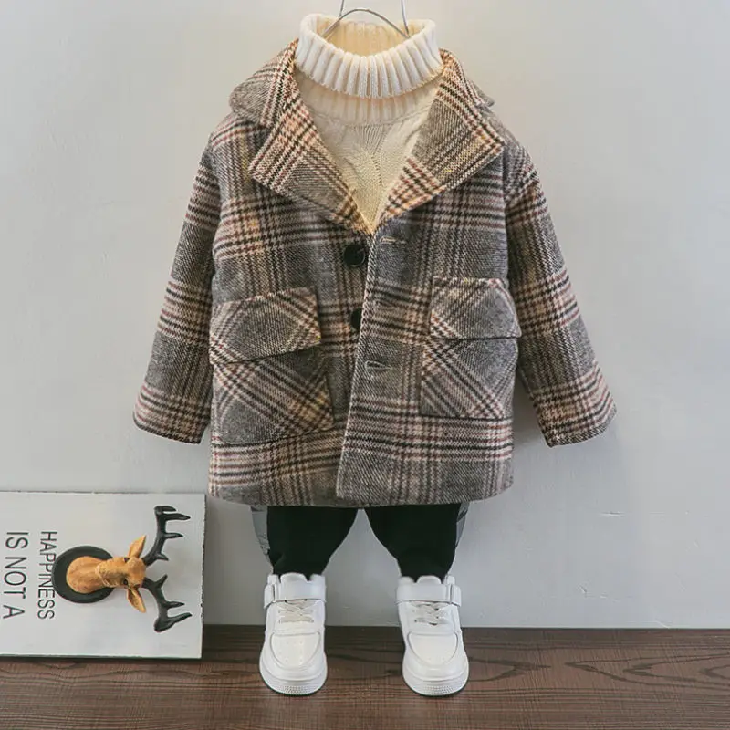 

Autumn Boy's Woolen Coat Fashion Thicken Plaid V-Neck Long Jacket For Children Outwear Foreign Style Winter Kid's Clothes Tops