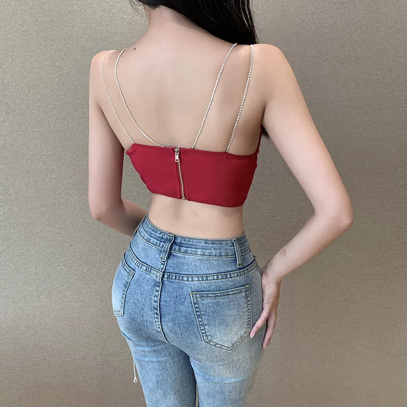 

2021 Summer Women Sexy V-neck Sleeveless Top Rhinestone Chain Shoulder Ladies Tanks