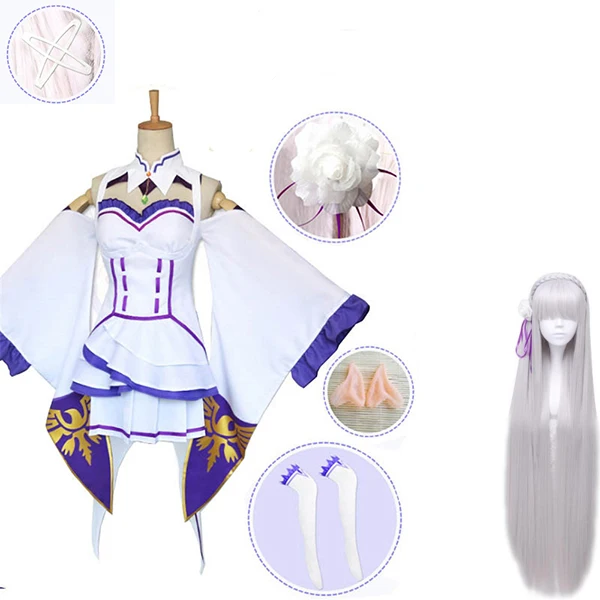 Re Zero Hajimeru Isekai Seikatsu Emilia, парики, костюмы для косплея, женское платье с головным убором для Хэллоуина, вечерние - Цвет: package 4