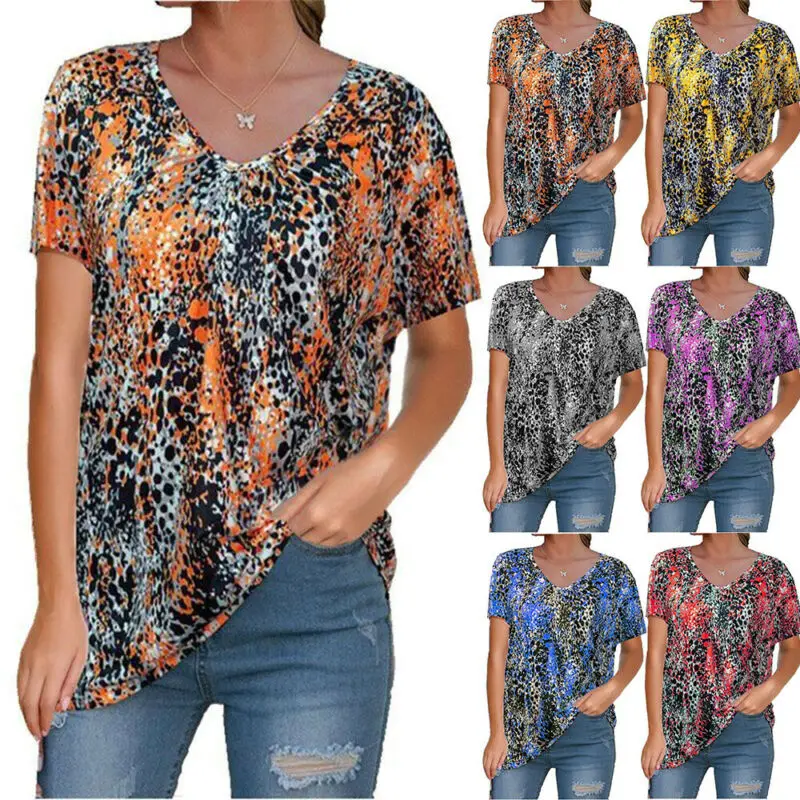 

Womens Summer Casual Print Short Sleeve Tops Ladies Loosen Baggy T-Shirt Blouse