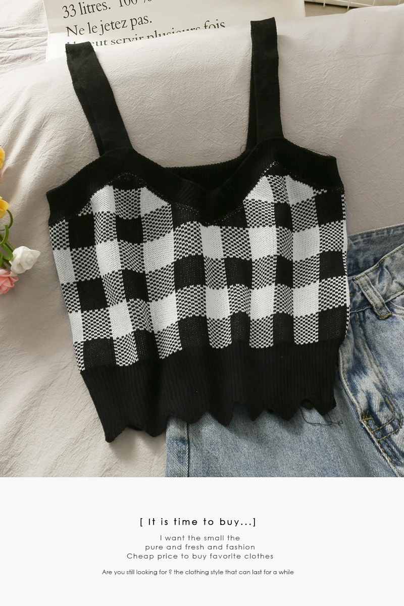 Женский трикотажный топ в клетку с V-образным вырезом | Женская одежда