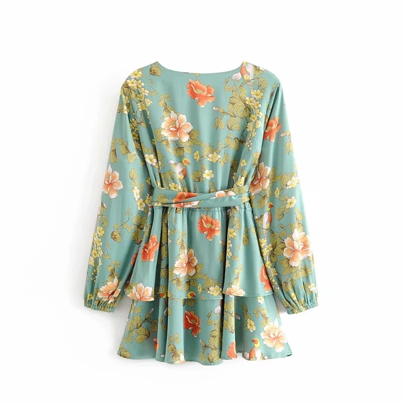 Женское пляжное платье в стиле бохо зеленое винтажное с оборками и длинным