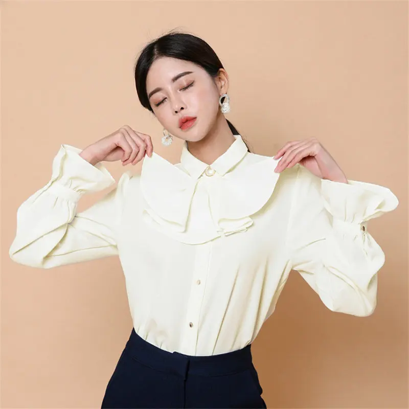 

HziriP Fashion Apricot Women Formal Plus Size Blouse 2021 Elegance Flare Sleeved Bow New OL Shirt Solid Office Lady Basic Tops