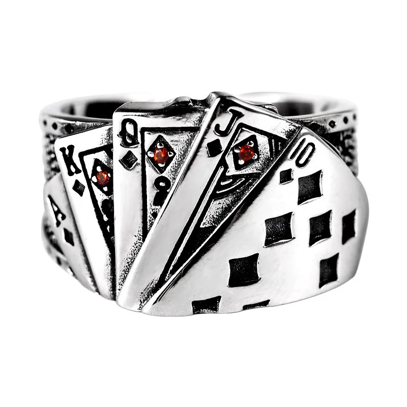 

Retro European And American Personality Magician Ring Punk Style Playing Card Ring Carving Adjustable Men's Jewelry Ring