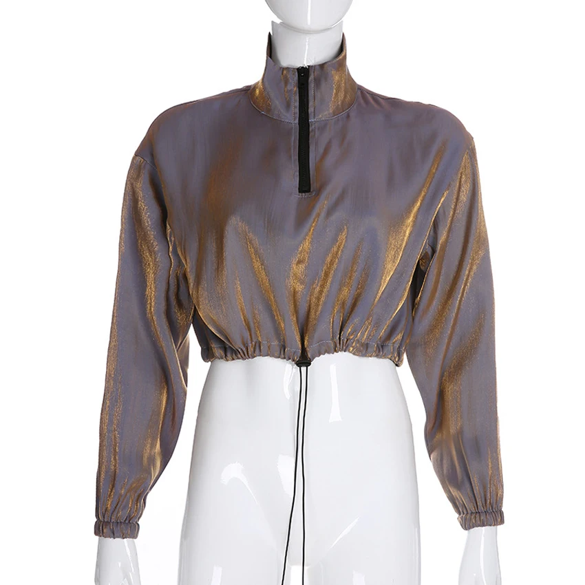 

Lusofie Women's Autumn New Long Sleeve Top Lapel Zipper Drawstring Navel Short shirt Fashion High Street Casual Loose Solid tops