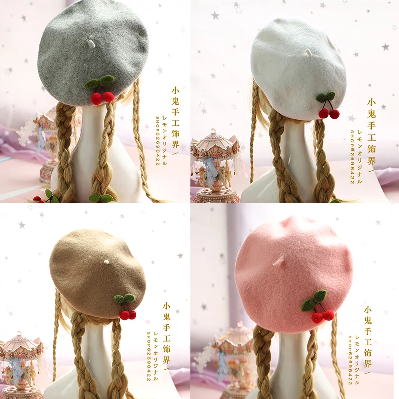 Мягкий милый Вишневый берет женский осенне зимний японский ручной работы из