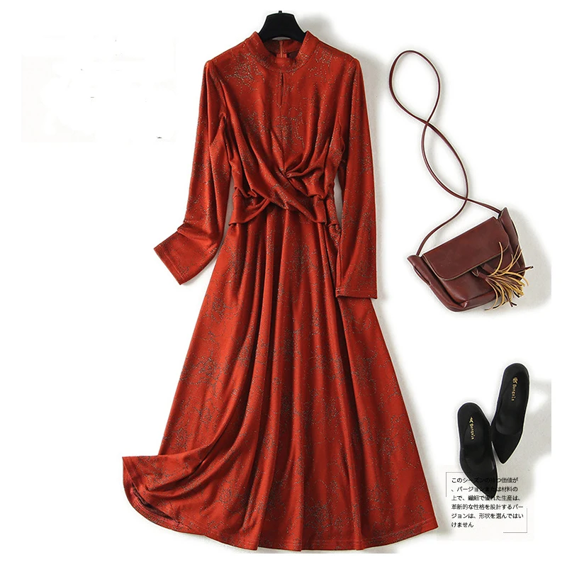 

2021 Autumn Winter Wool Knitting Dress Women orange Flower Printed Pleated High Quality Office Lady Dresses