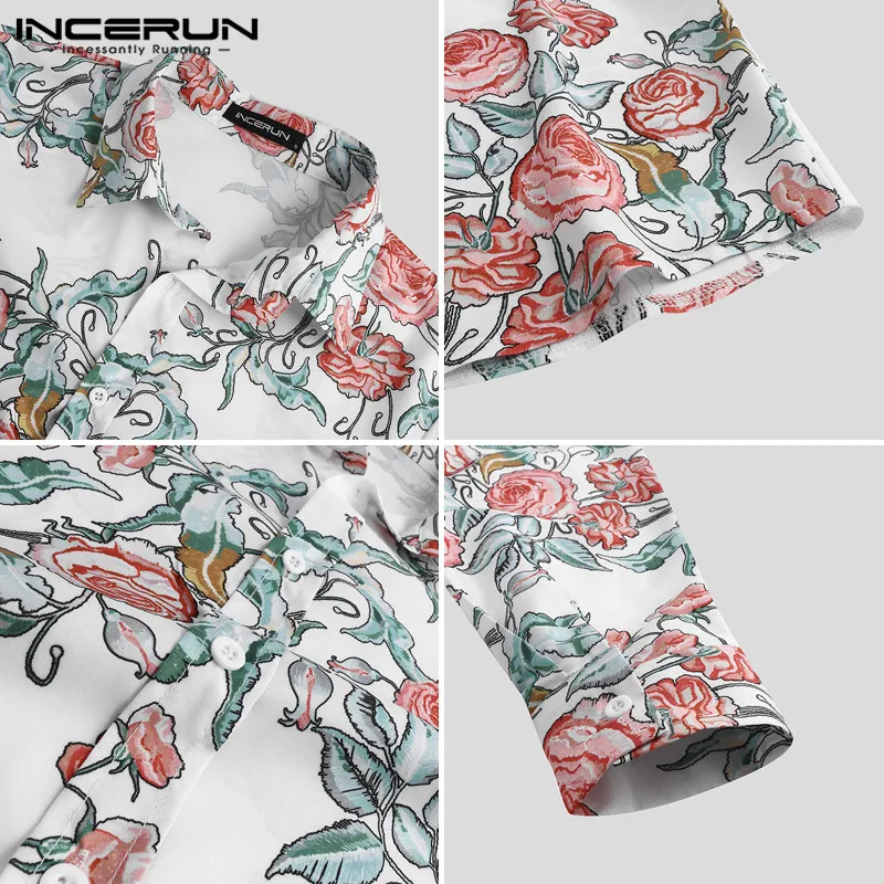 

INCERUN Fashion Men Shirt Floral Printed Brand Casual Long Sleeve Turn-down Collar Blouse Slim Streetwear Hawaiian Shirts 2021