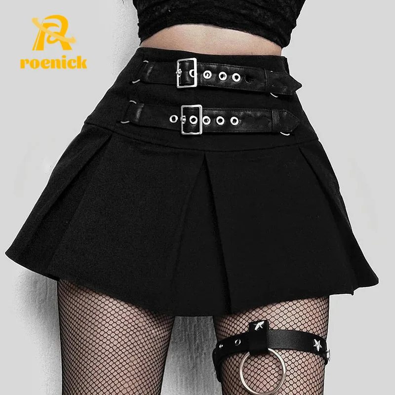 

ROENICK Women Goth Dark Sexy Mini Pleated Skirts Black Grunge Punk High Waist Skirt Rivet Patchwork Fashion Gothic Partywear