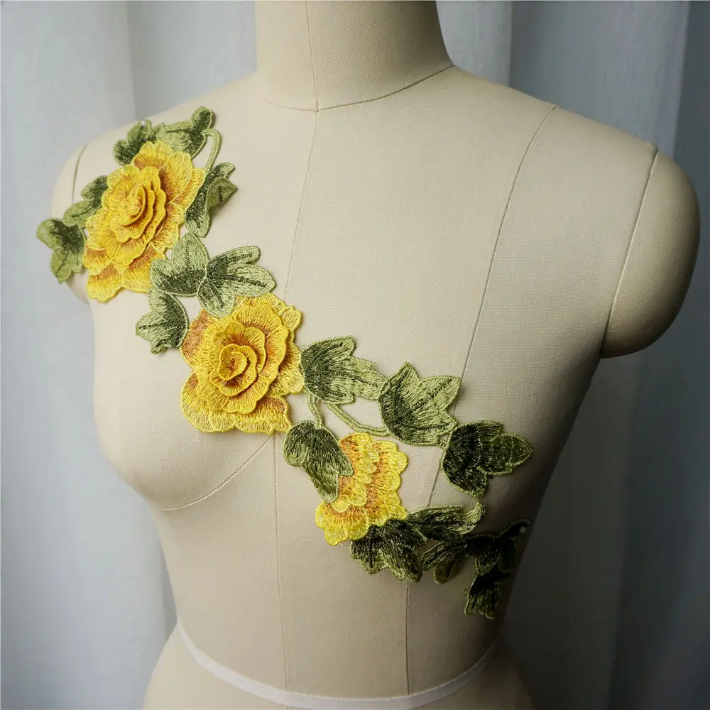 Желтый вышитый 3D цветок листья платье аппликации кружева ткань воротник нашивка