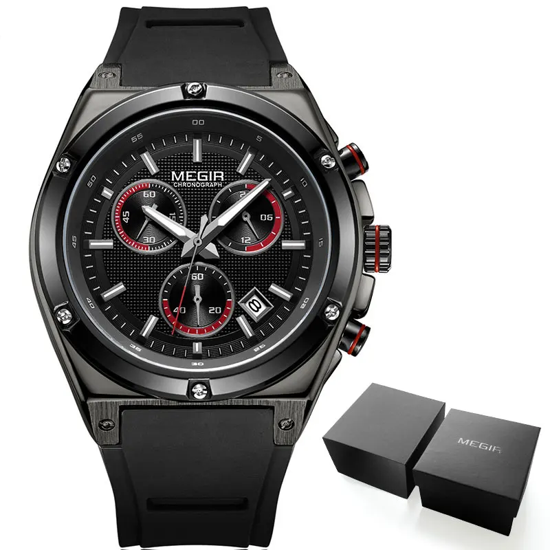 MN2073G-Black Megir мужские черные Силиконовые Спортивные кварцевые наручные часы светящиеся Relojios Relojes водонепроницаемые часы с хронографом Montres Q2073G-BK-1 - Цвет: MN2073G-Black