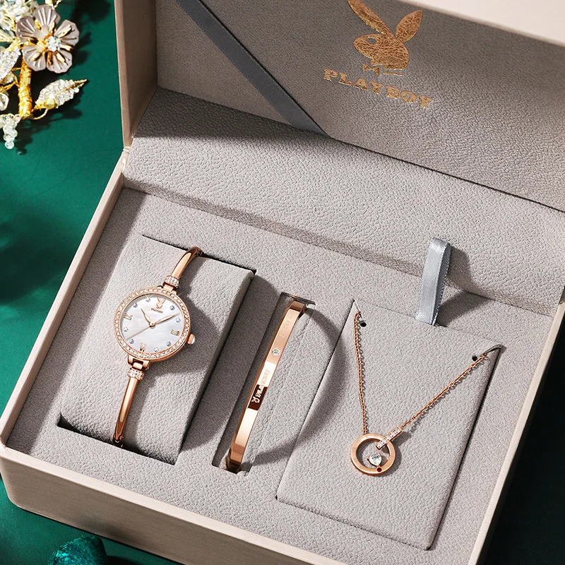 

PLAYBOY Brand 2046 Ladies Fashion Elegant Dress Quartz Watch Set Birthday Gift Simple Luxury Women Wristwatches