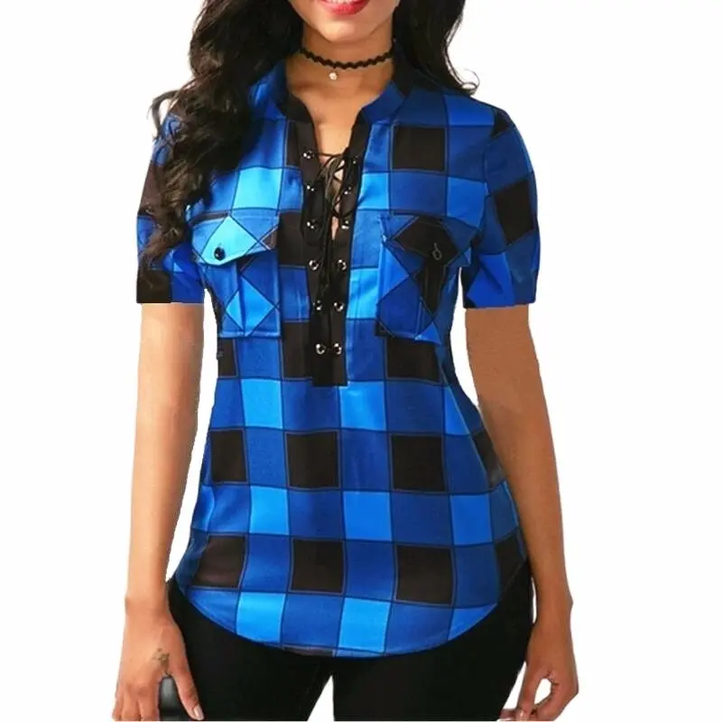 

2021 Summer Sexy Women's Clothing Bandage Short Sleeve Lattice Shirt