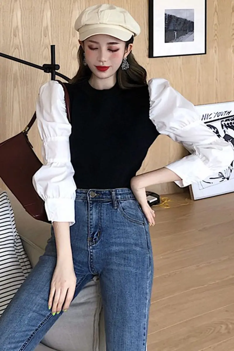 Пуловер женский с круглым вырезом и пышными рукавами осень | Женская одежда