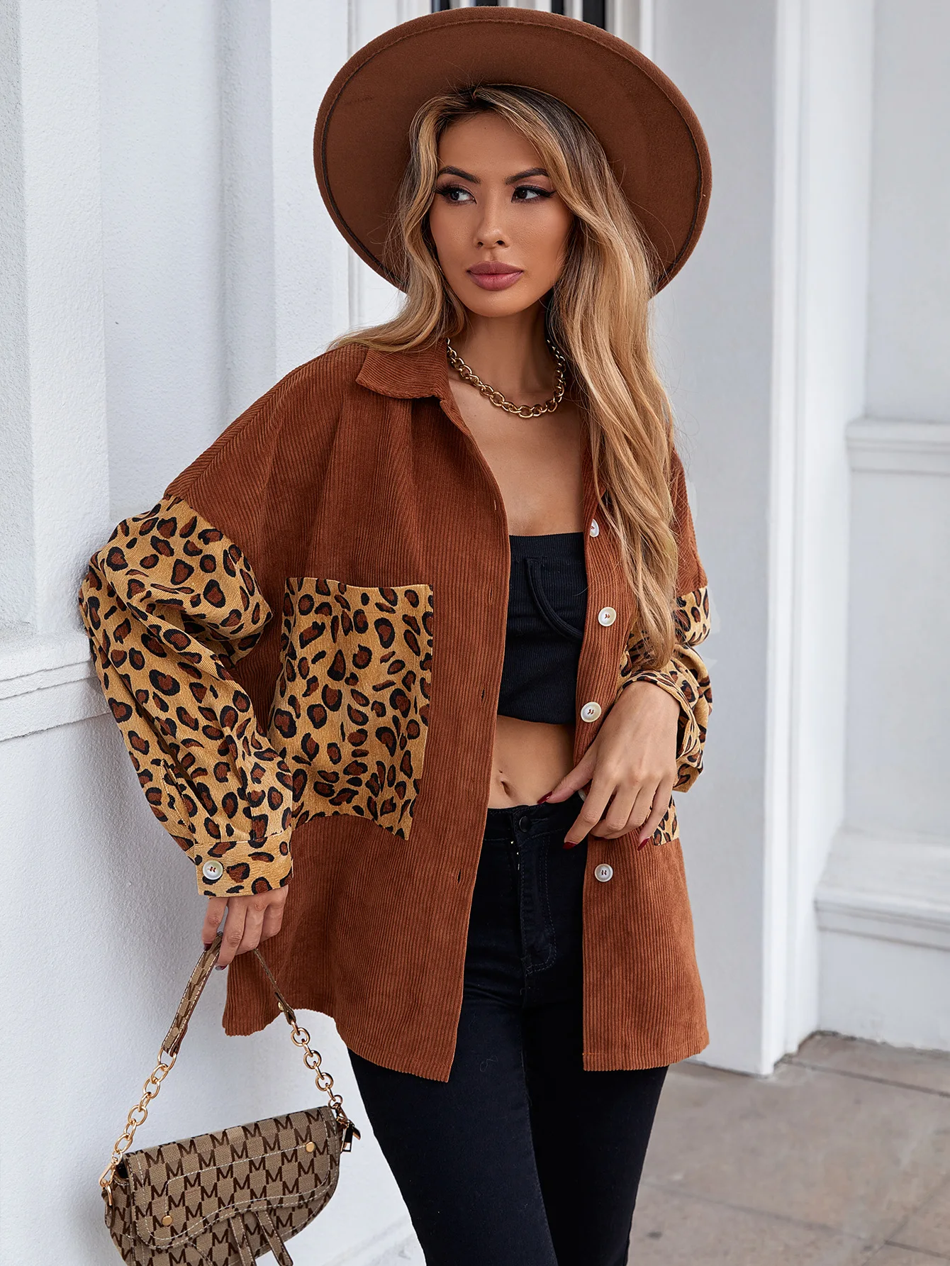 

Women Leopard Printed Pattern Coat Brown Long Sleeve Button-down Collared Jacket, S/ M/ L/ XL