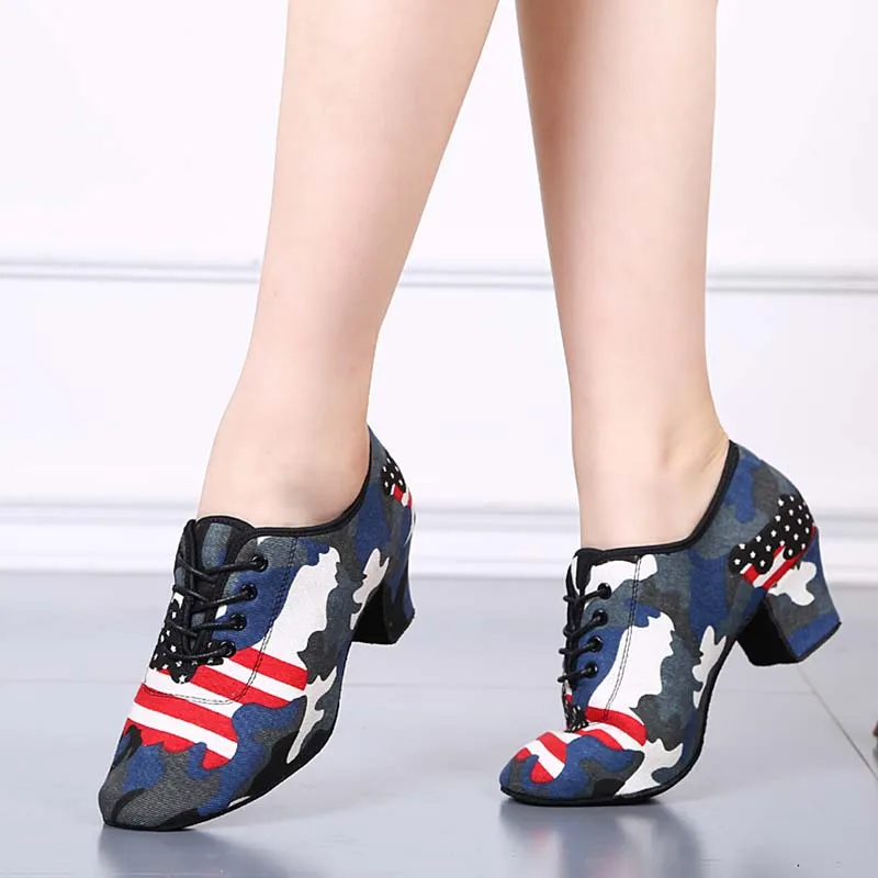 2022 New Fashion Camouflage Cloth Women's Latin Dance Shoes Tango Ballroom Dancing Shoes Breathable Salsa Dance Shoes HROYL