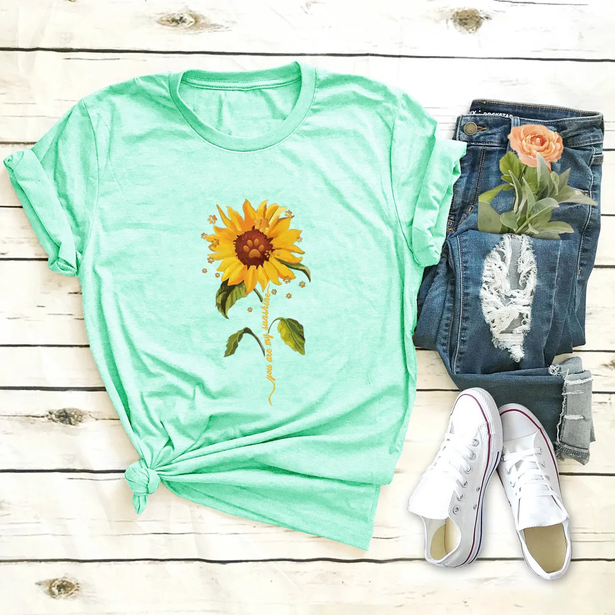

Sunflower flower comfortable casual fashion ladies short-sleeved T-shirt 100% cotton plus size wish ebay