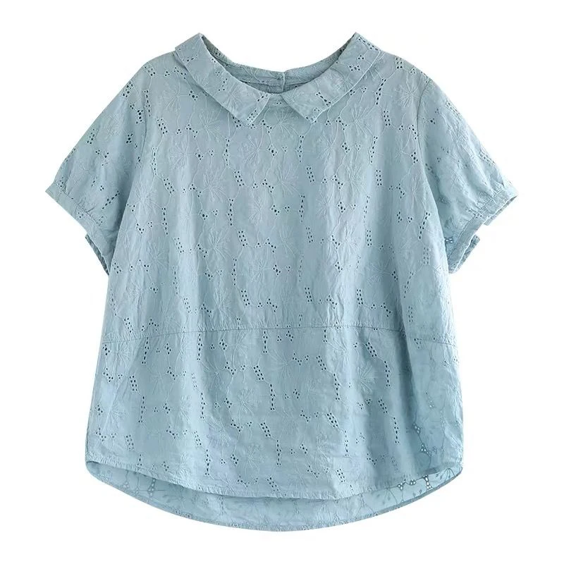 

Summer New Arts Style Women Turn-down Collar Short Sleeve T-shirt Loose Casual Embroidery Hollow Out Tee Shirt Femme Tops S944