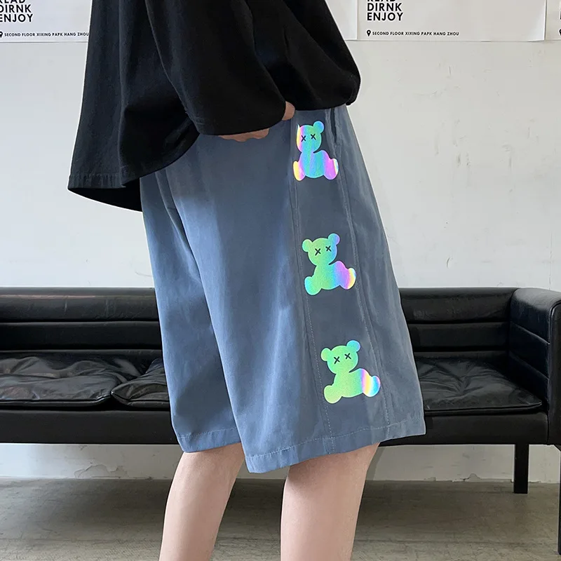 

Cartoon Bear Printed Shorts Straight Five Minutes Of Pants Wind Summer Lovers Reflective Beach Pants Male Big Yards