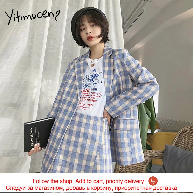 

yitimuceng new plaid 2 pieces set woman suits lady suit office casual single breasted fashion formal womens suits set 2 pieces