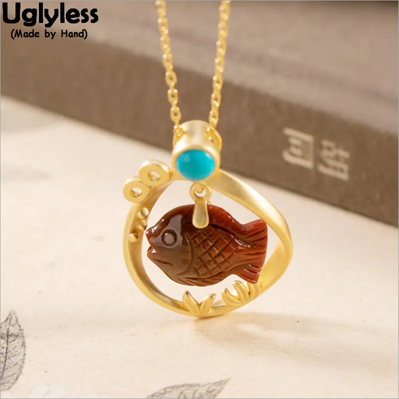 

Uglyless Natural Turquoise Agate Fish Pendants Necklaces for Women Hollow Circle Pendant + Chains Gold 925 Silver Animals Bijoux