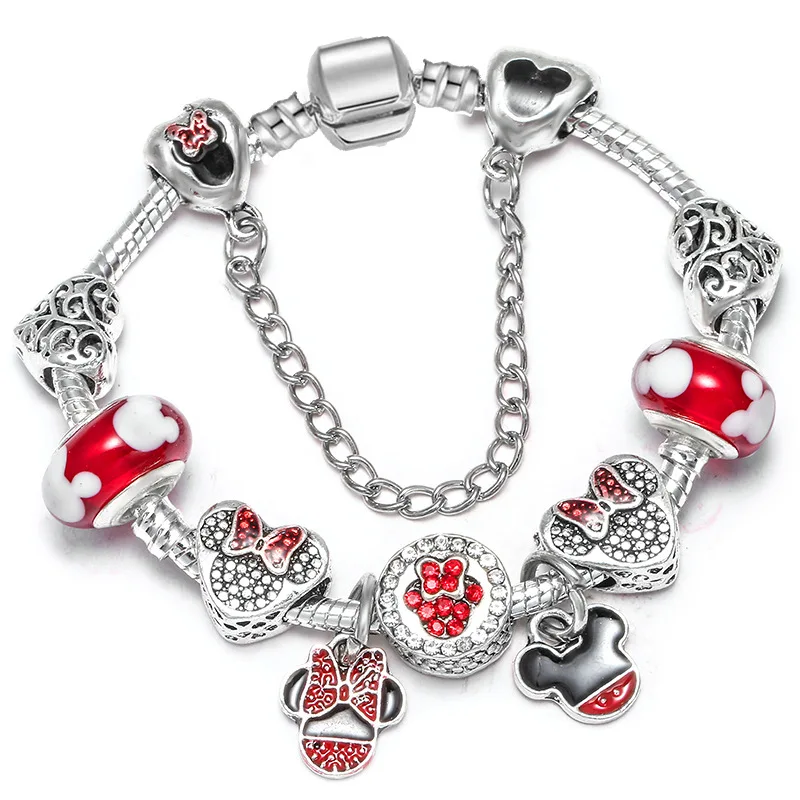E Kawaii Mickey, Круглые Эмалированные Симпатичные Бусины, европейский браслет, любовь, браслеты с изображением единорога, безопасная цепочка, браслеты для женщин, девочек, детей, ювелирные изделия - Окраска металла: E