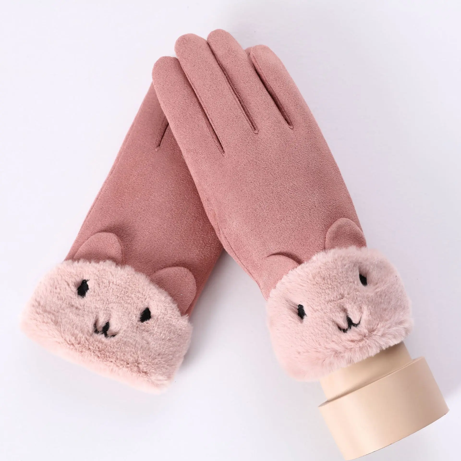 081A-Bear -SkinPink Sparsil женские замшевые перчатки с сенсорным экраном, зимние двухслойные меховые варежки, теплые модные перчатки с вышивкой в виде снежинки для улицы - Цвет: 081A-Bear -SkinPink
