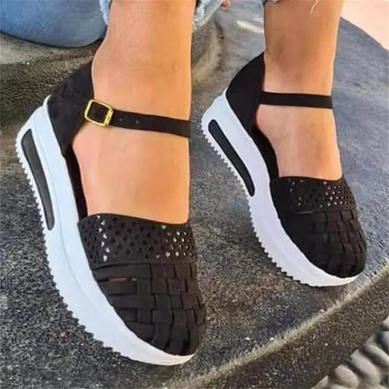 

Summer Women's Sandals Vintage Wedge Shoes Woman Buckle Strap Straw Thick Bottom Flats Platform Sandals Flock Sandalias Mujer
