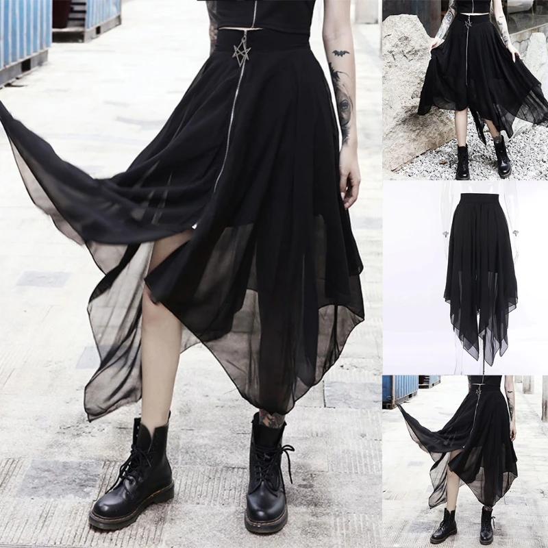 

Women Gothic Black Asymmetrical Irregular Mesh Midi Long Skirt Punk Style High Waist Star Zipper Harajuku Party Clubwear