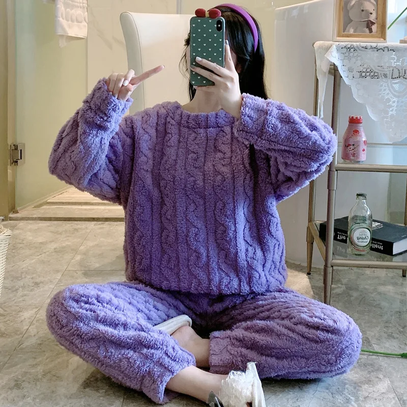 

Новинка 2021, Пижамный костюм)-ночная одежда с воротником, Женские Фланелевые комплекты для сна из 2 предметов, теплая Домашняя одежда из корал...