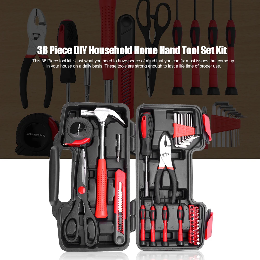

38 Piece DIY Household Home Hand Tool Set Kit Box Hammer Pliers Scissors