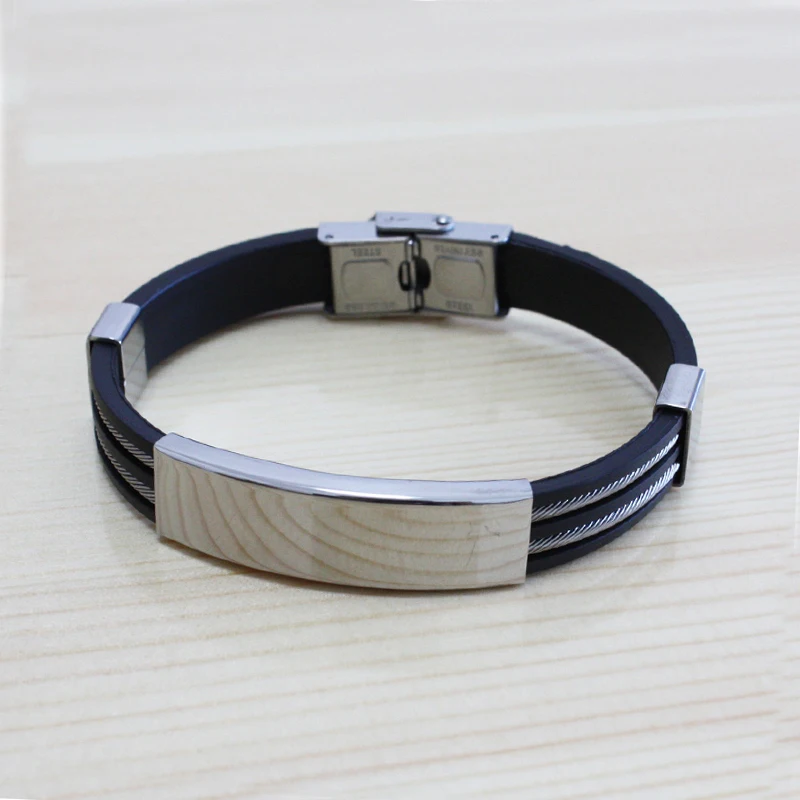 

New Mens Bracelet Stainless Steel Black Silicone Bracelets Wire Charm Bracelet Male Bangle for Mens' Jewelry 2019 Silver Color