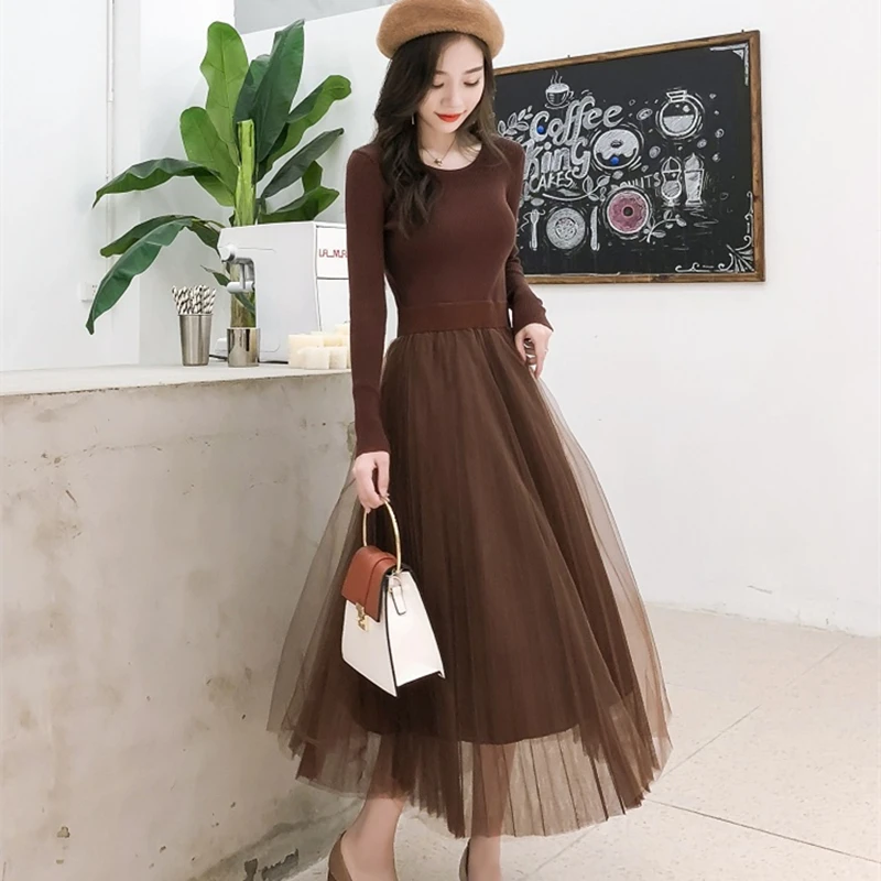 Корейский свитер платье Модные женские вязаные платья элегантные сетчатые