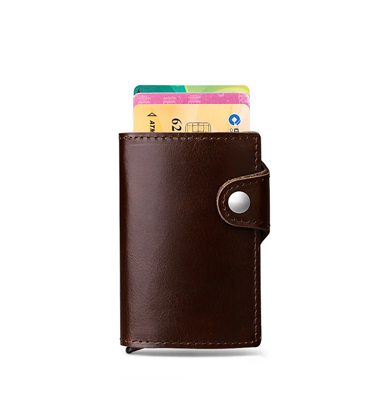 Genuine Leather Men Aluminum Wallet Back Pocket ID Card holder RFID Blocking Mini Magic Wallet Automatic Credit Card Coin Purse - Цвет: Brown2