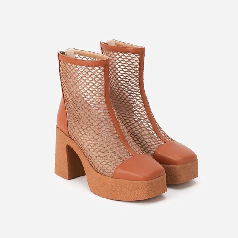 

New Sexy Chain Women Summer Boots Block High Heel Brown Punk Style Platform Shoes Female Footwear High Quality Ankle Boots 34-40