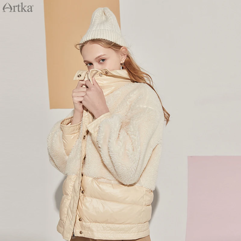 

ARTKA 2020 Зимний новый женский пуховик модный Свободный 90% белый утиный пух пальто теплая Лоскутная овечья шерсть пуховик DK20106D
