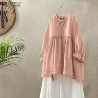 zanzea summer ruffle blouse women vintage solid tunic tops casual long sleeve blusas oversized shirt loose lace up chemise s