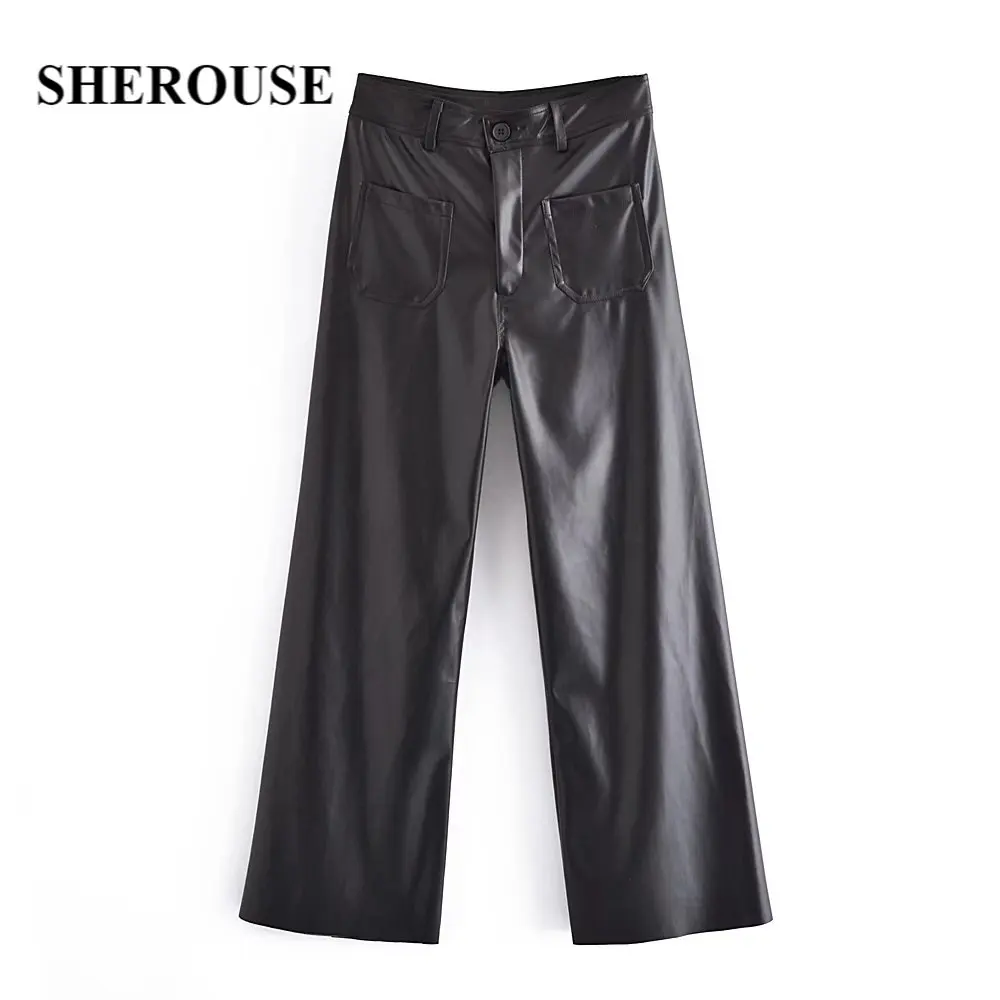 

SHEROUSE Women Fashion Faux Leather Solid Pants Vintage Hight-Waist Front Zipper Casual Female Trousers Chic Pant