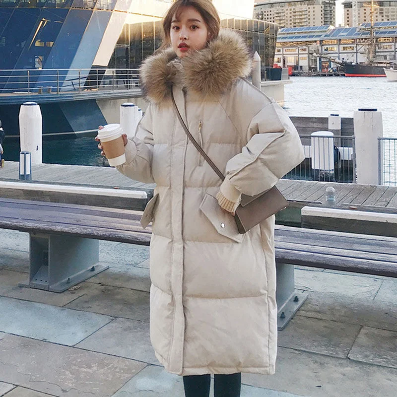 

2021 Winter Women Long Big Fur Collar Hooded Down Jacket Coat Big Pocket Warm Coat Female Thicken Cotton Down Parka