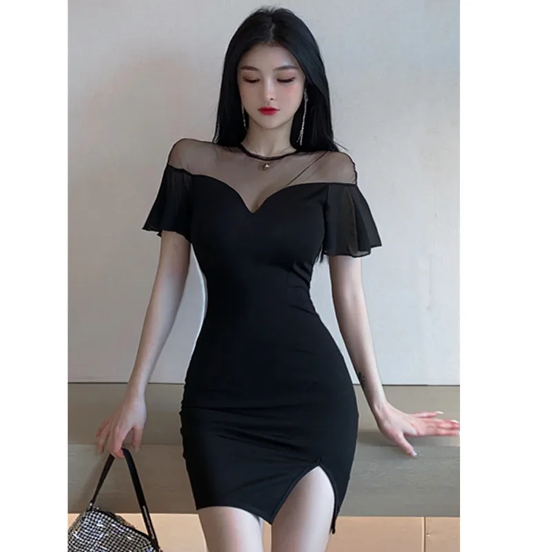 

New women's gauze off-shoulder flounce waist round neck and fork sexy fashion plain color dress 2021